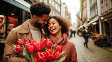 ai generiert ein Paar halten Tulpen im ein Gasse - - ein romantisch Geste im ein malerisch Einstellung. generativ ai foto