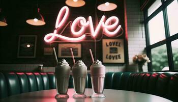 ai generiert Foto von ein alt Restaurant Konfiguration mit zwei vereist Milchshakes auf das Tabelle mit das Wort Liebe geschrieben auf Es. generativ ai