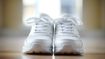 ai generiert Weiß Sport Schuh gelöst bereit zum Aktion ai generiert foto