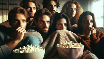 ai generiert ein Gruppe von freunde sitzen auf das Couch und genießen Aufpassen ein Film während Essen Popcorn zusammen. generativ ai foto