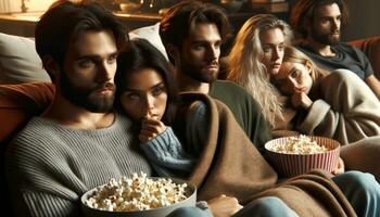 ai generiert ein Gruppe von freunde sitzen auf das Couch und genießen Aufpassen ein Film während Essen Popcorn zusammen. generativ ai foto