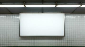 ai generiert ein Weiß Plakatwand im ein U-Bahn Bahnhof, Anzeigen Anzeige und Information. generativ ai foto