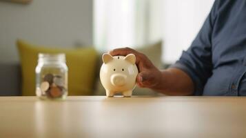 ai generiert ein Person Einfügen Münzen in ein Schweinchen Bank zu speichern Geld zum Zukunft Kosten. generativ ai foto