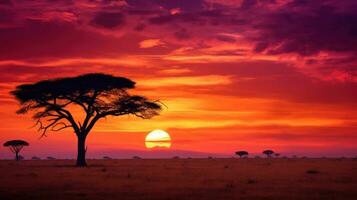 ai generiert afrikanisch Sonnenuntergang mit Tierwelt im das Hintergrund. generativ ai foto