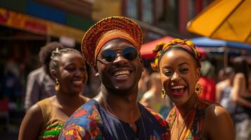 ein Mann und Frau gekleidet im afrikanisch Kleidung sind lächelnd herzlich, Anzeigen ihr kulturell Kleidung und heiter Ausdrücke. generativ ai foto