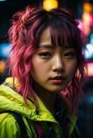 ai generiert jung Frau mit bunt Haar im Neon- Beleuchtung foto