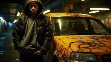 ai generiert ein Person tragen ein Kapuzenpullover steht neben ein Auto bedeckt im Graffiti. generativ ai foto