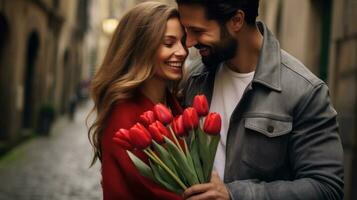 ai generiert ein Paar halten Tulpen im ein Gasse - - ein romantisch Geste im ein malerisch Einstellung. generativ ai foto