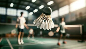 ai generiert Badminton Schläger und Federball im in der Luft während Spiel. generativ ai foto