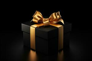 ai generiert schwarz Geschenk Box mit golden Bogen auf schwarz Hintergrund. 3d Rendern Valentinstag Tag generativ ai foto