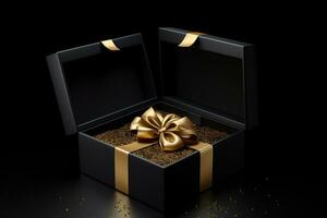 ai generiert schwarz Geschenk Box mit golden Bogen auf schwarz Hintergrund. 3d Rendern Valentinstag Tag generativ ai foto