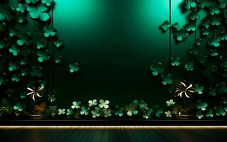 ai generiert elegant Grün Mauer mit Grün Kleeblätter und leeren Raum zum Text. Heilige Patrick's Tag immer noch Leben Konzept. foto