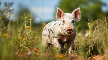 ai generiert Schwein im das Feld foto