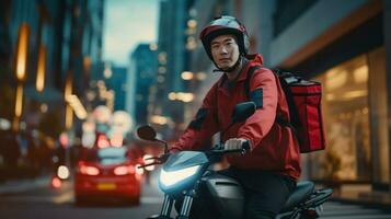 ai generiert asiatisch Motorrad Kurier Herstellung Lieferungen auf Stadt Straßen. generativ ai foto