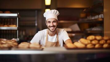 ai generiert ein Koch tragen ein Hut steht im Vorderseite von ein Anzeige von frisch gebacken Brot. generativ ai foto