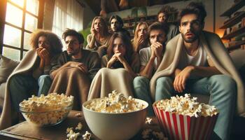 ai generiert ein Gruppe von freunde sitzen auf das Couch und genießen Aufpassen ein Film während Essen Popcorn zusammen. generativ ai foto