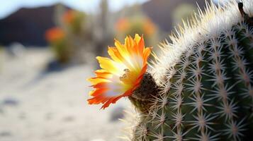 ai generiert ein Kaktus mit ein Orange Blume Blühen im das Wüste, präsentieren das Elastizität von Leben im trocken Umgebungen. generativ ai foto