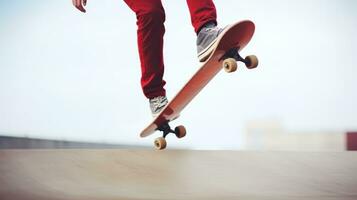 ai generiert ein Person Skateboarding auf ein Rampe, präsentieren ihr Kompetenzen und genießen das Nervenkitzel von das Fahrt. generativ ai foto