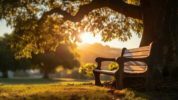 ai generiert ein heiter Sonnenuntergang Szene mit ein Bank eingebettet unter ein Baum. generativ ai foto