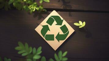 ai generiert hölzern Zeichen mit Recycling Symbol. generativ ai foto