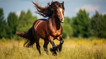 ai generiert ein majestätisch Pferd mit ein fließend Mähne galoppierend frei im ein riesig Feld. generativ ai foto