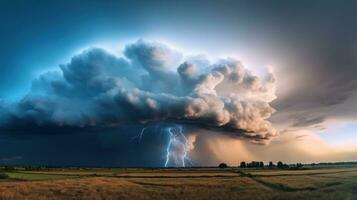 ai generiert ein fest Wolke Geknister mit Blitz Schrauben leuchten das Himmel. generativ ai foto