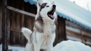 ai generiert ein heiser Hund Stehen im das Schnee, Mund offen, genießen das Winter Landschaft. generativ ai foto