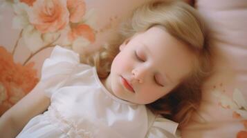 ai generiert ein friedlich Szene von ein wenig Mädchen Schlafen solide im ein Weiß Kleid, träumend Süss Träume. generativ ai foto