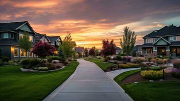 ai generiert ein heiter Gehweg führen zu ein Haus, gebadet im das warm Farbtöne von ein Sonnenuntergang. generativ ai foto