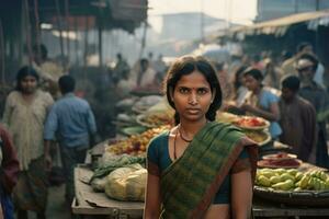 ai generiert draussen indisch Asien Person Straße Hindu Kultur Leben Geschäft Frauen Indien asiatisch Arm foto