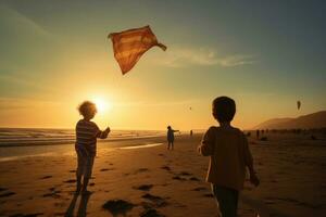 ai generiert zusammen Wasser Menschen Mädchen Kinder Sand Strand Ozean Sonnenuntergang Sommer- Natur Familie foto