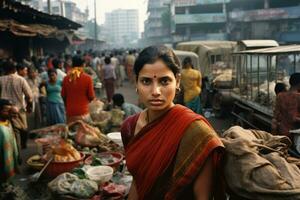 ai generiert Armut indisch draussen Frauen Indien Reise Stadt Markt alt Hindu Hinduismus Arm weiblich foto