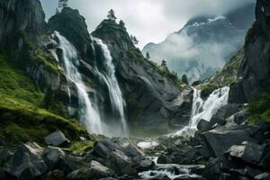 ai generiert Himmel Tourismus Wasser Reise draußen Aussicht Wasserfall Park Felsen Natur Grün Landschaft Baum foto