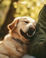 ai generiert Porträt Hund spielerisch glücklich draußen süß Labrador Sommer- golden Tier Freundschaft Haustier foto