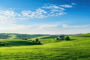 ai generiert Aussicht Horizont Hintergrund Frühling ländlich Land Feld schön Weide Land Himmel Gras foto