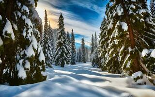 ai generiert Winter Wunderland Gelassenheit, majestätisch Wald bedeckt im makellos Schnee foto