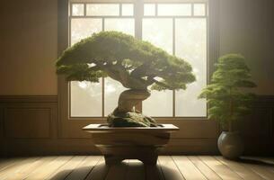 ai generiert Zen Bonsai Baum im Innere Sonnenlicht. generieren ai foto