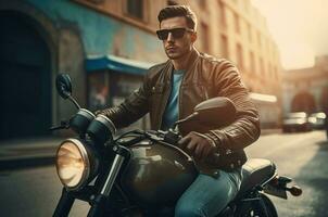 ai generiert cool Kerl auf Motorrad im Leder Jacke und Sonnenbrille. generieren ai foto