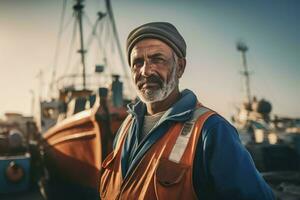 ai generiert alt Fischer im Uniform posieren auf Angeln Boot Hintergrund. generieren ai foto