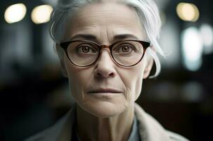 ai generiert realistisch fotografieren von alt wütend Frau mit Brille. generieren ai foto