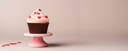 ai generiert ein Single Cupcake mit Herz geformt Topper im Vanille, Erdbeere Rosa, und Reich Schokolade Farbtöne zum Valentinsgrüße Tag Anzeige foto