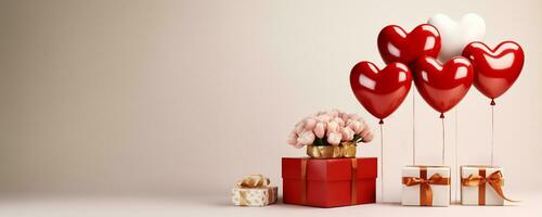 ai generiert Valentinsgrüße Tag Anzeige präsentieren eingewickelt die Geschenke, Blumen- Entwürfe, Herz geformt Luftballons, und glänzend rot und golden Satin- Bänder foto