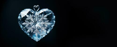 ai generiert luxuriös Kristall Herz mit Schneeflocke Detail foto