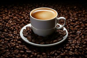 ai generiert Kaffee Tasse und Kaffee Bohnen. Oberfläche bedeckt mit Kaffee Bohnen. ai generativ foto