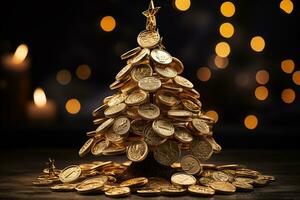 ai generiert golden glänzend Weihnachten Baum mit Münzen. hoch Qualität Foto