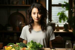 ai generiert schön Frau mit frisch Gemüse fördern gesund Lebensstil Auswahlmöglichkeiten. foto