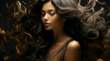 ai generiert ätherisch Schönheit Profil mit strahlend fließend dunkel Haar foto
