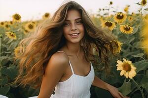 ai generiert 20 Jahr alt jung Mädchen im ein Weiß Kleid und spielen im ein Sonnenblume Feld. foto