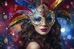 ai generiert ein jung Frau geschmückt im ein Karneval Maske gegen ein festlich Karneval Hintergrund. foto