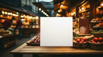 ai generiert generativ ai, Poster oder Schild spotten oben zum Logo Design, Marke Präsentation auf verschwommen Essen Markt Hintergrund foto